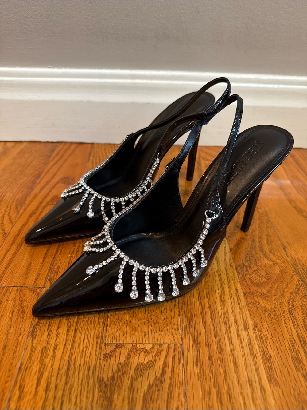 Steve Madden Thrill Black Patent Crystal-Trim Slingback Pumps